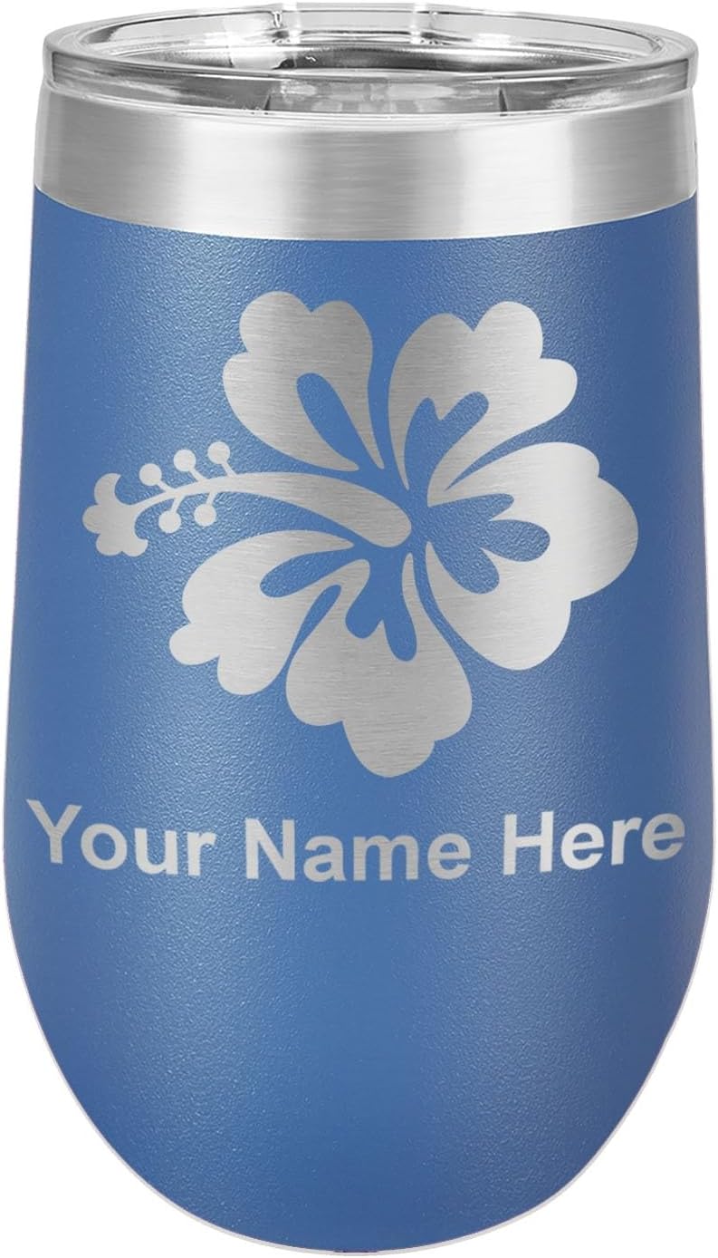 LaserGram 16oz Double Wall Stainless Steel Wine Glass Tumbler, Hibiscus Flower 1, Personalized Engraving Included (Dark Blue)