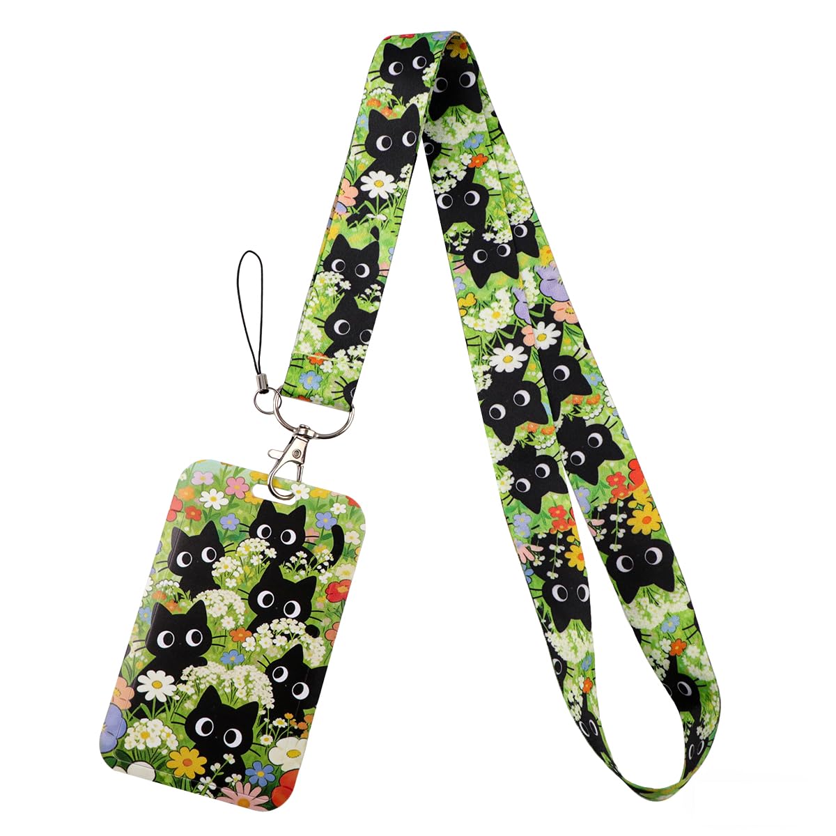 Cute Black Cats ID Lanyard Card Holder for Keys Cute Flowers Floral ID Holder Keychain Lanyard for Women Girls Kids Teachers Staff for Work & School ID Plastic Hard Card Holder, Office — image 1