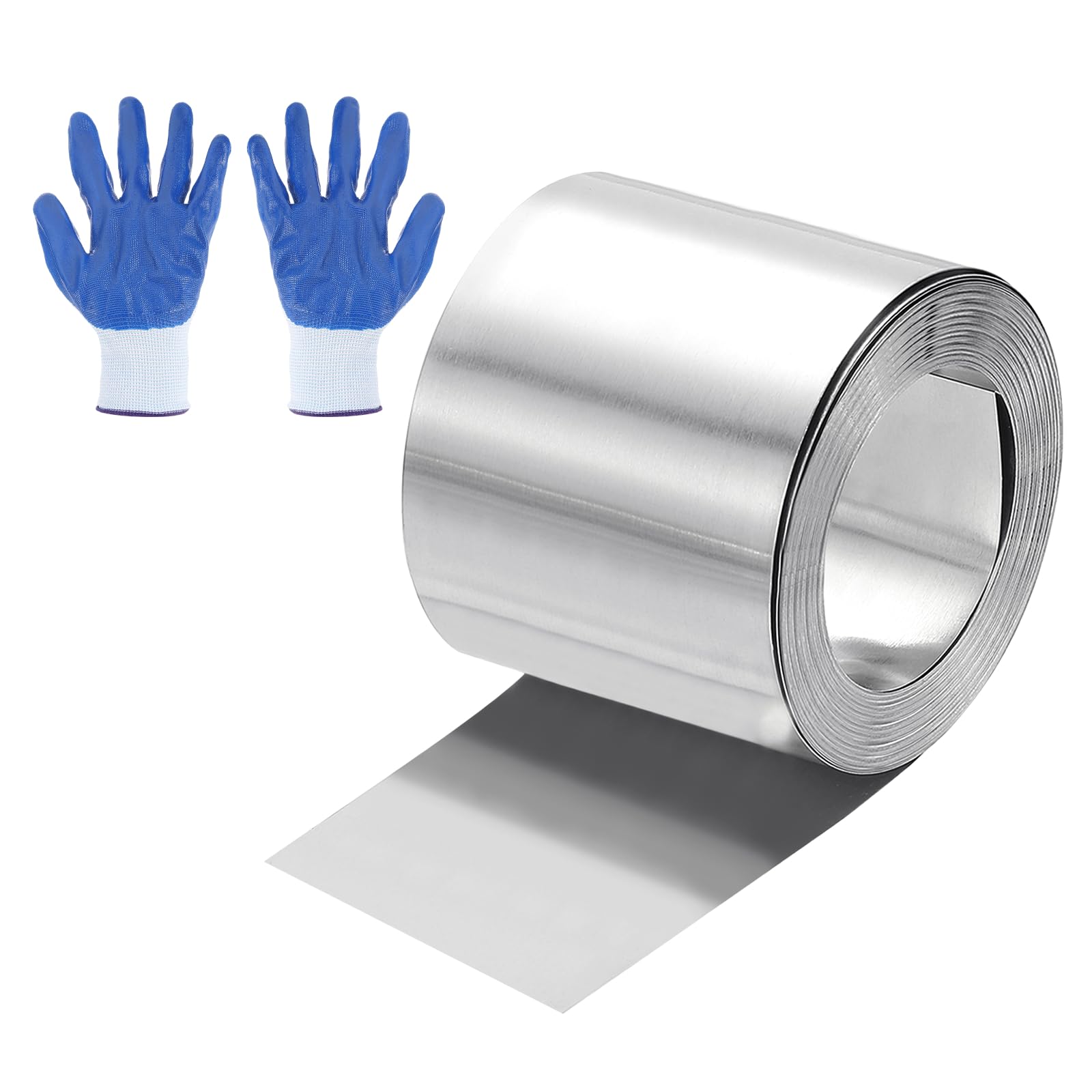 sourcing map 118" x 1.2" Aluminum Flashing Roll, 1060 Aluminum Roof Panels 0.4mm Thickness Metal Roofing Strip with Nitrile Gloves for DIY Roofing Repair, Craft Metal Sheet, Silver