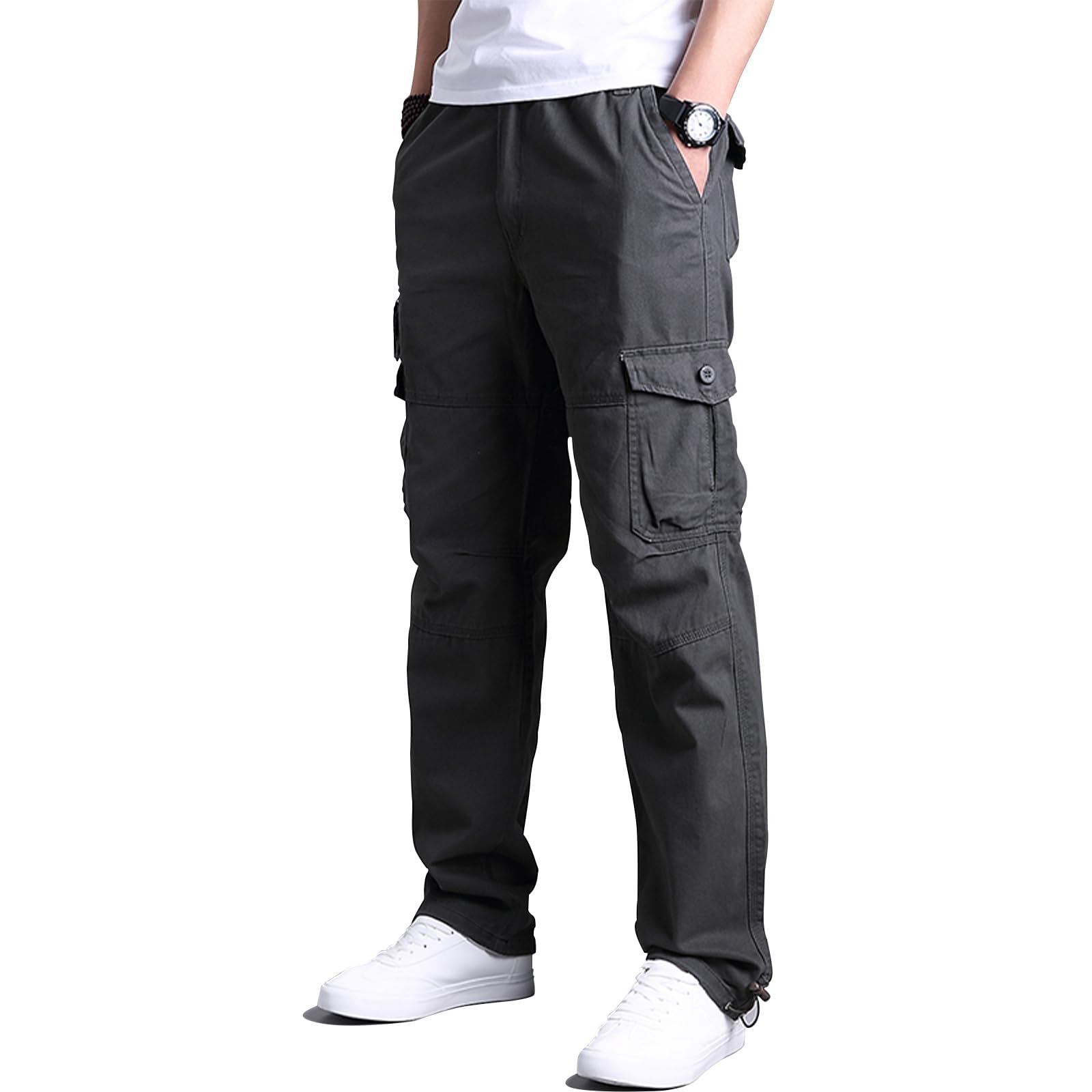 Cargohose Herren aus Baumwolle Cargo Hose mit 7 Taschen Elastische Taille Freizeithose