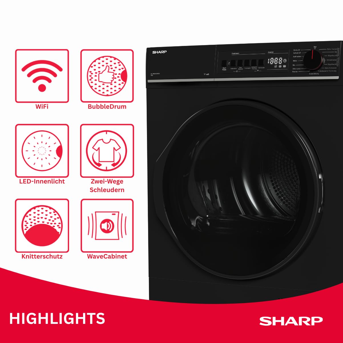 Sharp KD-PRO9S7GBB-DE Wäschetrockner 9kg B WiFi 15 Trockenprogramme Schwarz