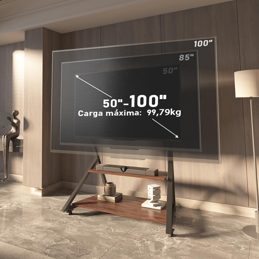 Soporte para TV con Ruedas y Estante de Madera para Pantallas Planas Curvas de 50 a 100 Pulgadas, Carrito para TV de Exterior de Alta Resistencia con Ruedas, con Capacidad para hasta 100 kg