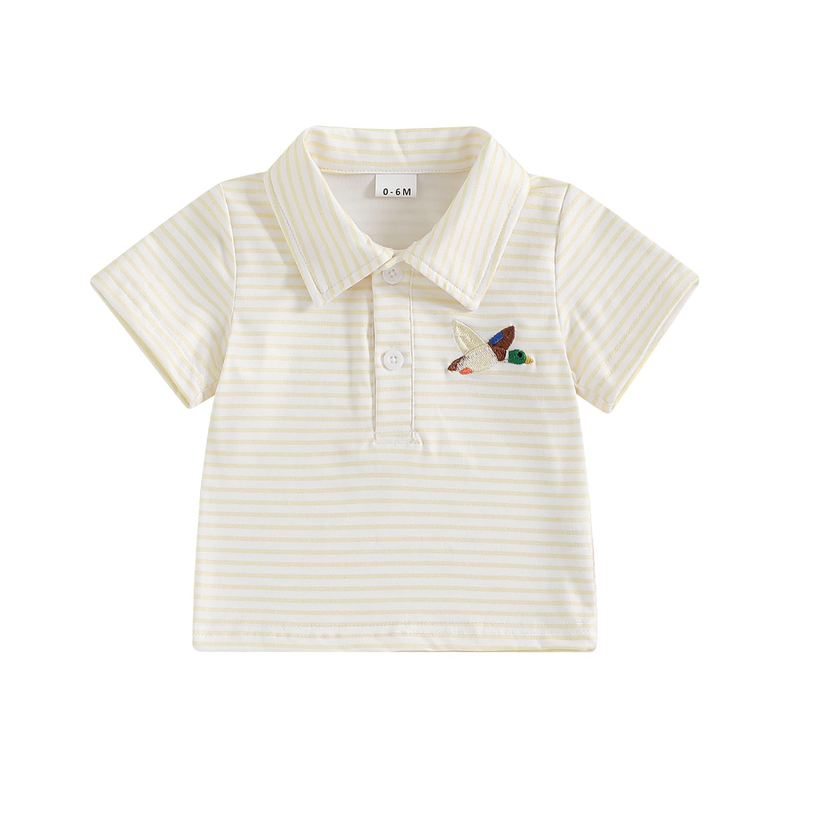 Kodaruber Toddler Baby Boys Girls Embroidery Polo Shirt Striped Print Short Sleeve Lapel Button Down Shirts Summer Clothes(Duck Embroidery Khaki,18-24 Months)