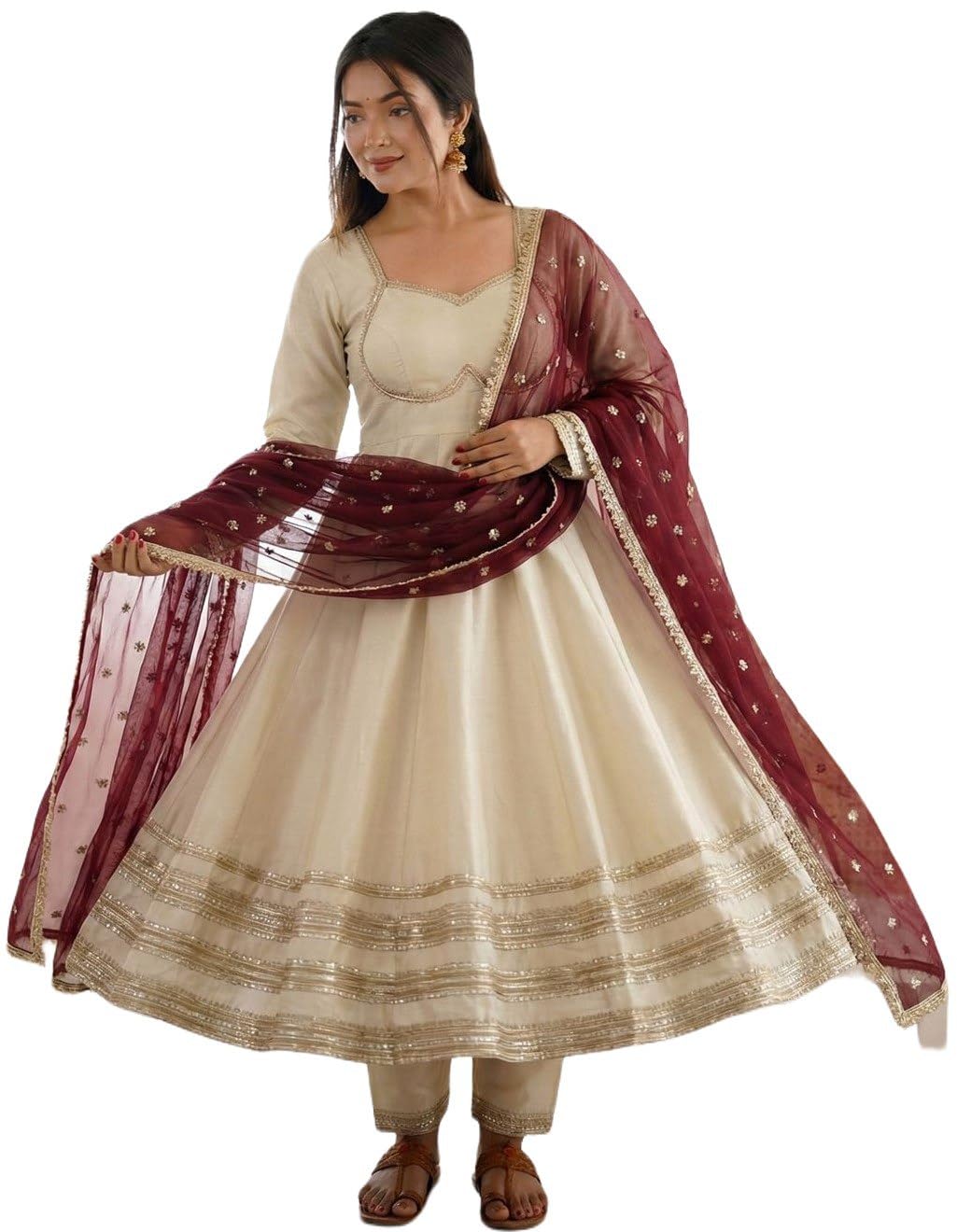 Women's Anarkali Salwar Suit Set with Embroidered Dupatta, Cream and Maroon, Traditional Indian Ethnic Wear-image-48