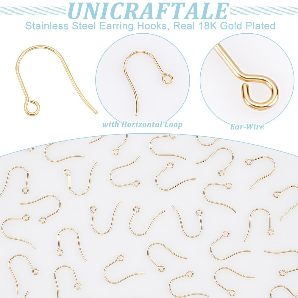 UNICRAFTALE 200pcs Earring Hooks Real 18K Gold Plated Stainless Steel Earring Hooks Metal Fish Ear Wire with Horizontal Loops Drop Earrings Jewelry Making for Bracelet Necklace Jewelry Making - Image 4