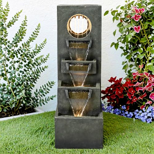 Image of SunJet 39.3 inch Modern Cascading Indoor /Outdoor Fountains and Waterfalls with LED Lights - 4-Tier Larger Water Fountain for Garden, Patio, Yard, and Deck Decor - Relaxing Water Fountain Outdoor