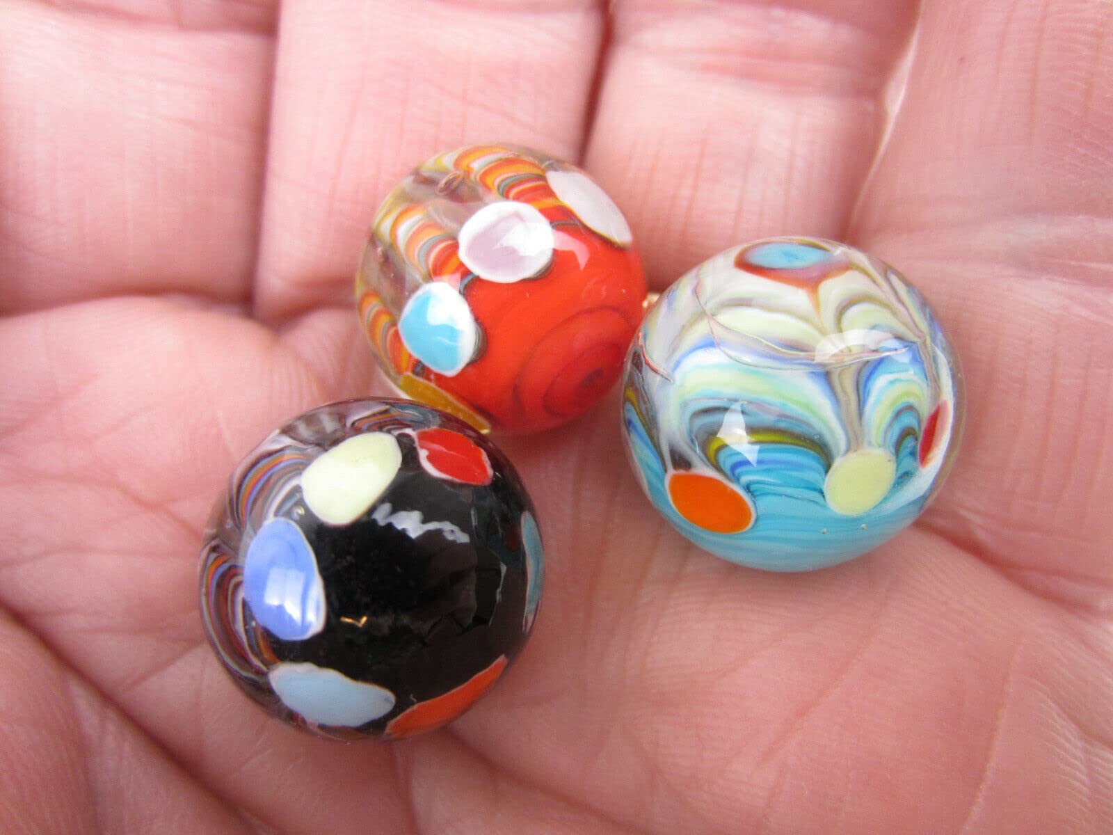 Big Game Toys~Set of 3 Big TOP 16mm Handmade Art Glass Blue Red Black Spots/Dots Swirls Marbles Circus Tent