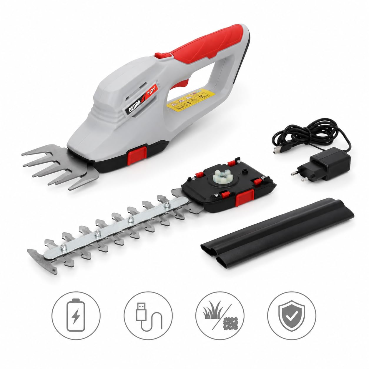 Cisaille à Gazon et Taille-haie sans Fil Dedra 7,2 V, 2 en 1, Batterie 2000 mAh, Lame Gazon 10 cm, Lame Taille-haie 20 cm, Coupe 8 mm, autonomie env. 70 Min