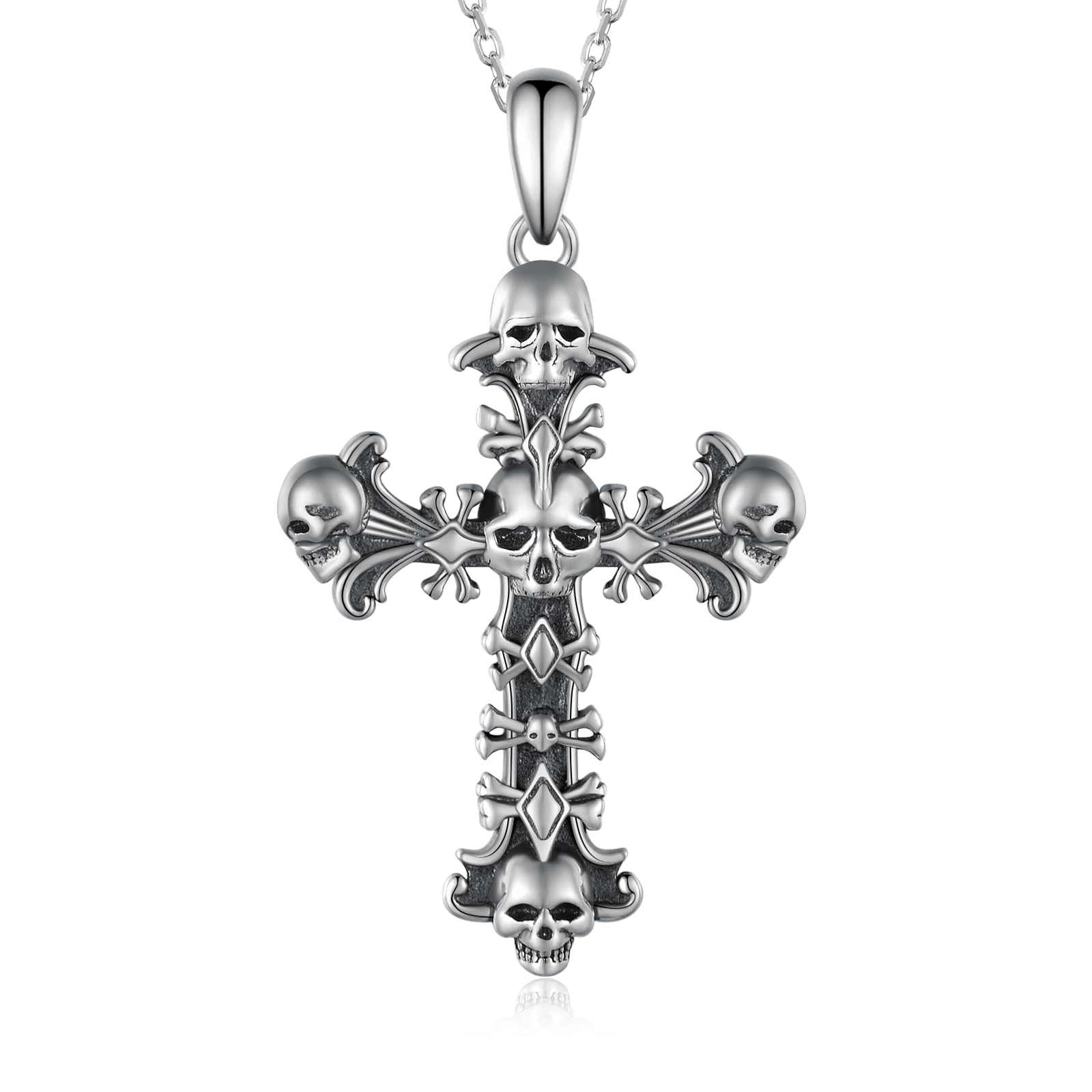 Collar gótico de calavera de plata de ley 925, collar de calavera con cruz para mujer, joyería gótica, regalos para hombres, Halloween