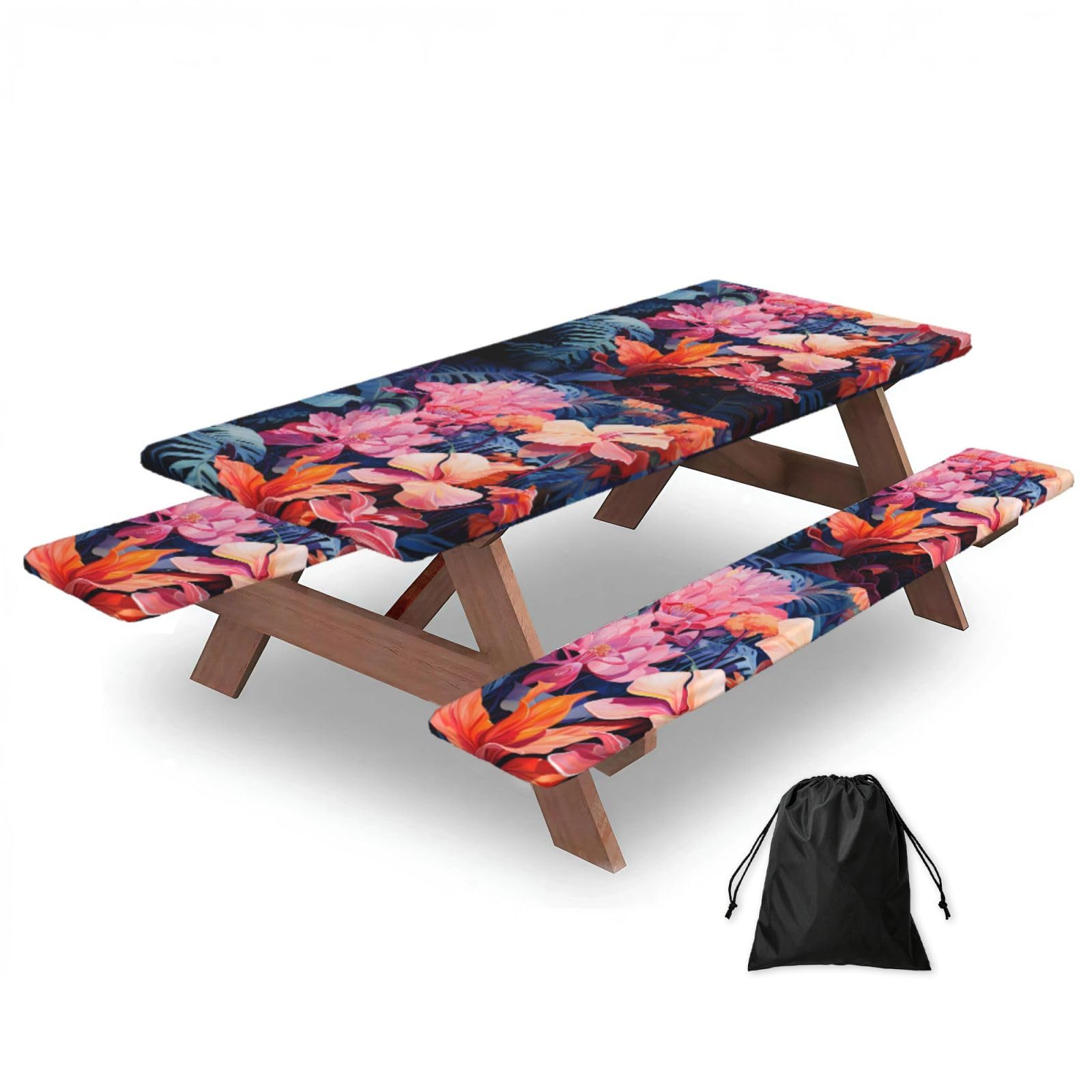 72in Camping Table Cover & Bench Covers 3-Pack Set, Colorful Tropical Plant Leaves Print Tablecloths, for Rectangle Tables Picnic