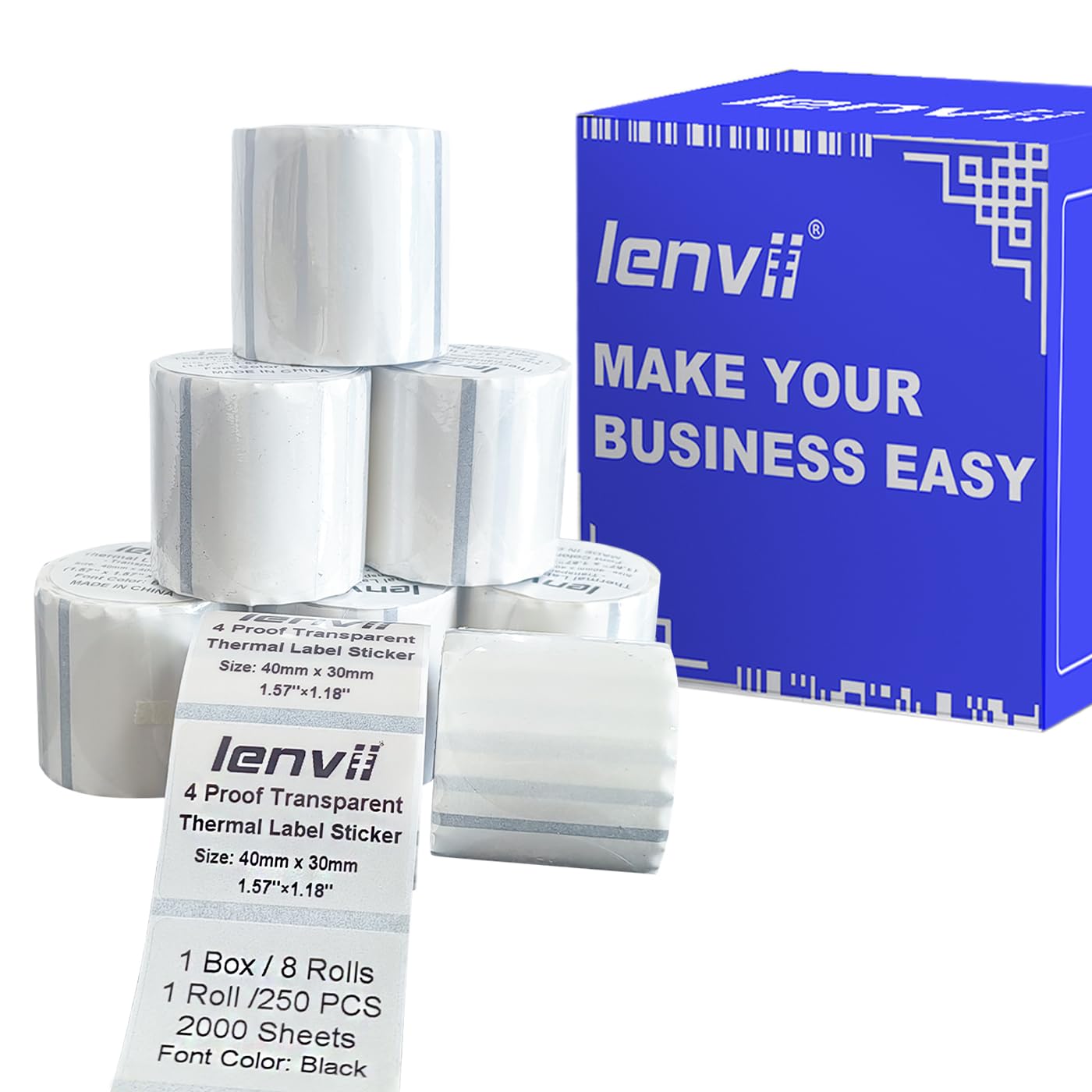 LENVII 40 x 30 mm Transparent Rectangular Thermal Labels, 8 Rolls x 250 Sheets (Pack of 2000), Multi-Purpose Universal Stickers, Tear-Resistant, Waterproof, for Packaging, Envelopes, Boxes, Gift — image 1