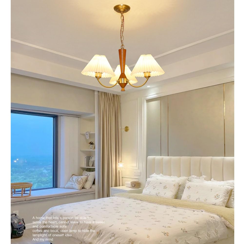 Żyrandol w stylu retro o pełnym spektrum, rustykalna lampa wisząca z drewna orzechowego i miedzi, oświetlenie z plisowanym kloszem, styl wiejski do salonu, gabinetu i jadalni, 6 głowic