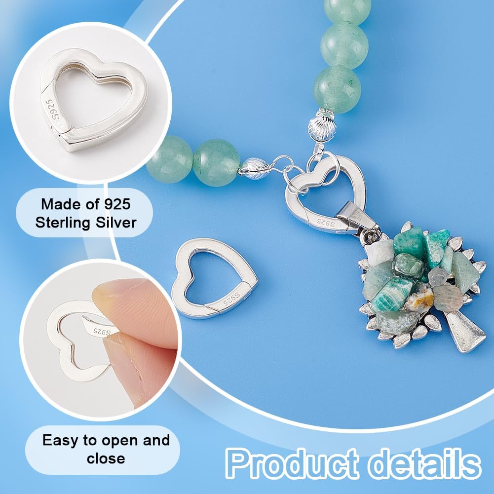 PH PandaHall 2pcs 925 Sterling Silver Spring Gate Rings, 15mm Heart Necklace Clasps Closures Bail Clasp Circle Jewelry Connector for Jewelry Making Valentine's Day