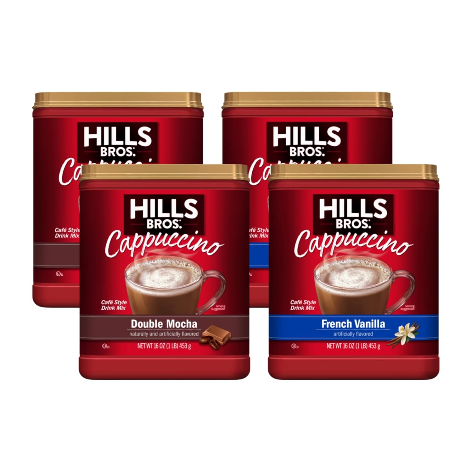 Hills Bros Cappuccino, Double Mocha & French Vanilla 16OZ (2ea) (Variety Pack)