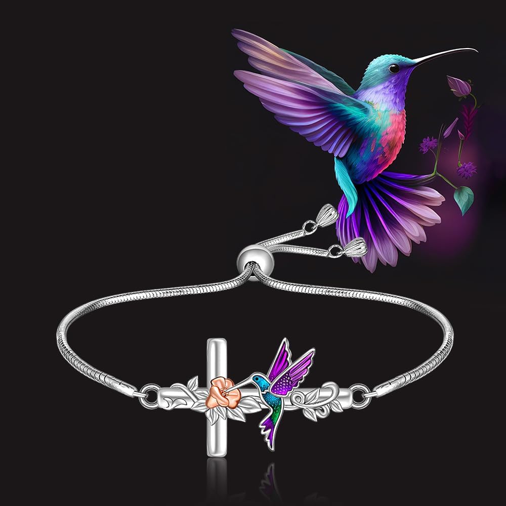Fenthring Hummingbird Bracelets for Women Sterling Silver Bird Hummingbird Bracelet Cross Flower Link Blue Purple Jewelry - Image 3