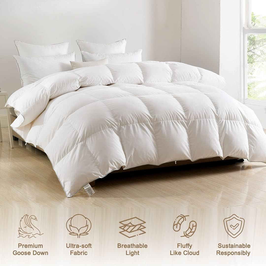 Suреr Dеаl Prоduсt DWR Luxury King Goose Feathers Down Comforter, Ultra-Soft Egyptian Cotton Cover, 750 Fill Power Medium Weight for All Season Hotel Style Fluffy Goose Down Duvet Insert with Ties (106x90 Inches, White)