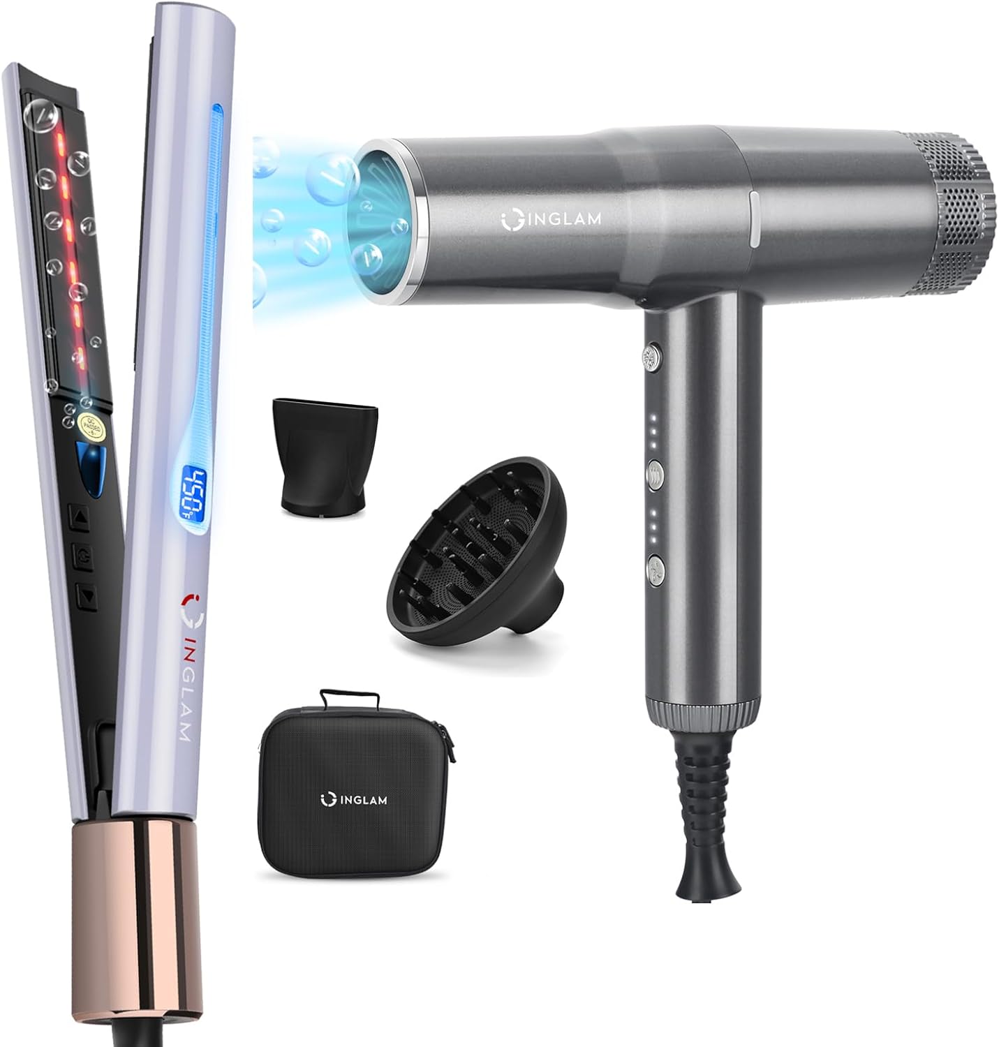 IG INGLAM Titanium Flat Iron Hair Straightener, Blow Dryer with Diffuser