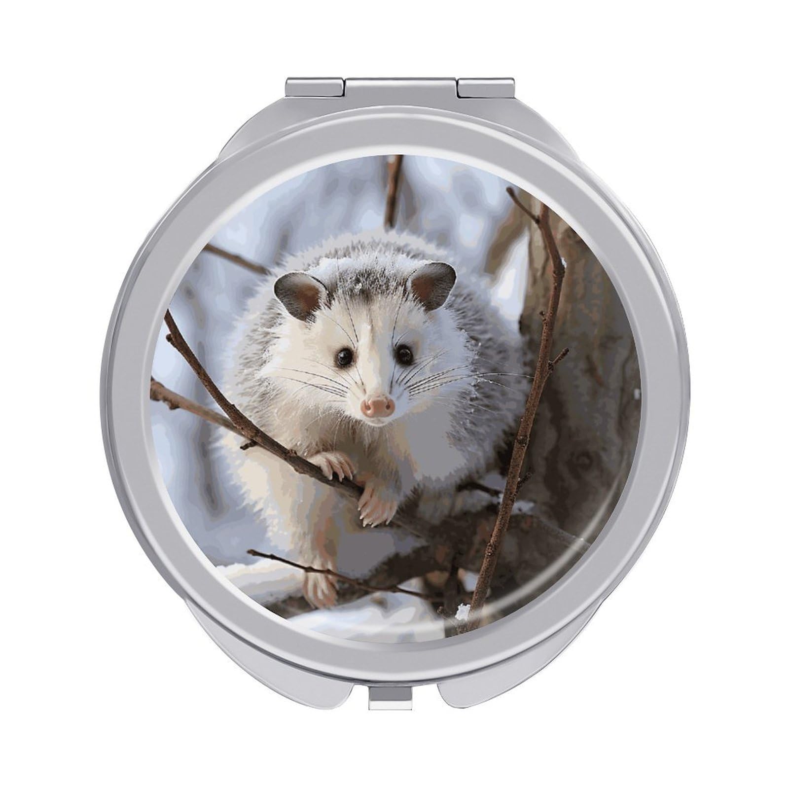 Fekiloot Style Opossum In Snow Travel Makeup Mirror Handheld Compact Mirror Portable Pocket Mirror Double-Sided 1X/2X Magnifying For Handbag And Purses