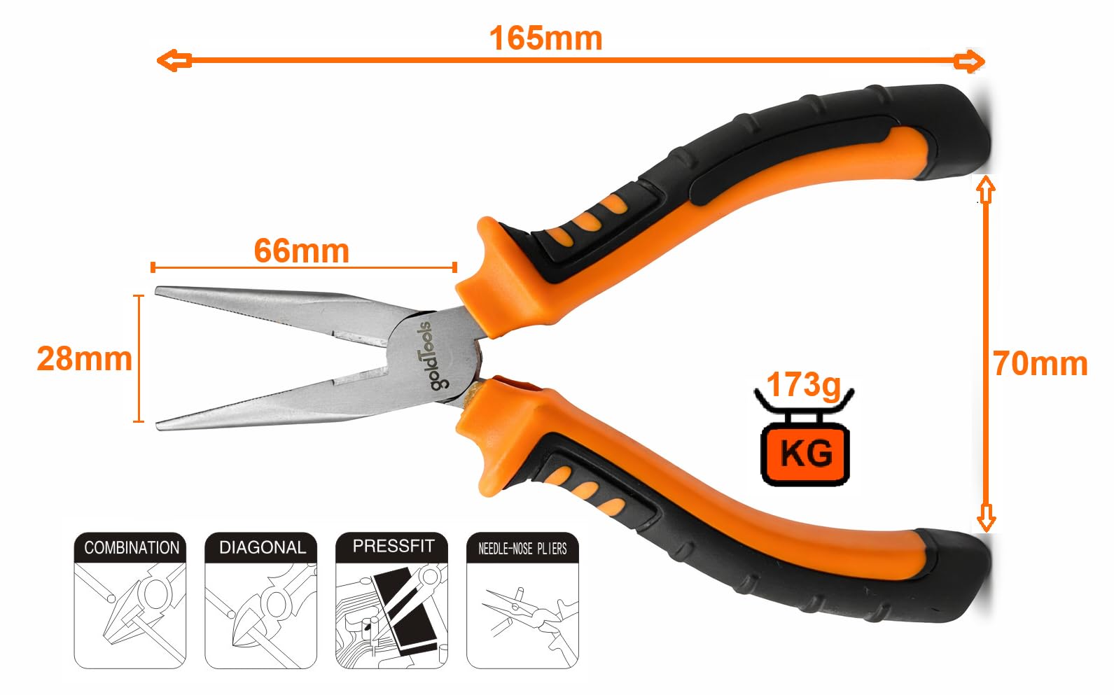 Pinza a becco lungo professionale 160 mm, in acciaio al cromo-vanadio, manico ergonomico bimateriale, ideale per fai da te e riparazioni