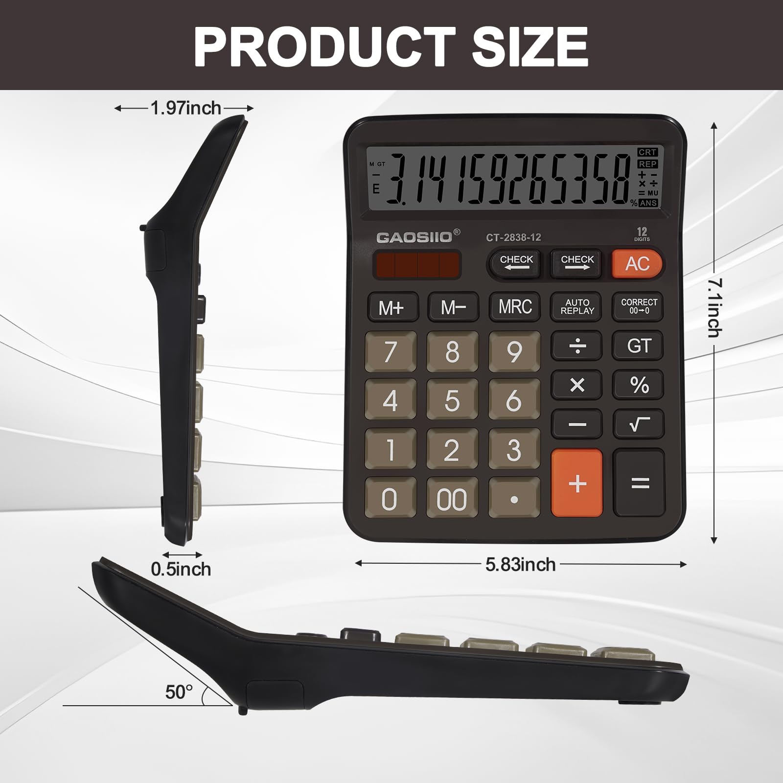 Calculadora de escritorio extra grande de 5 pulgadas, pantalla LCD de 12 dígitos, energía solar y batería, botón grande, función estándar para negocios, oficina, escuela (negro)
