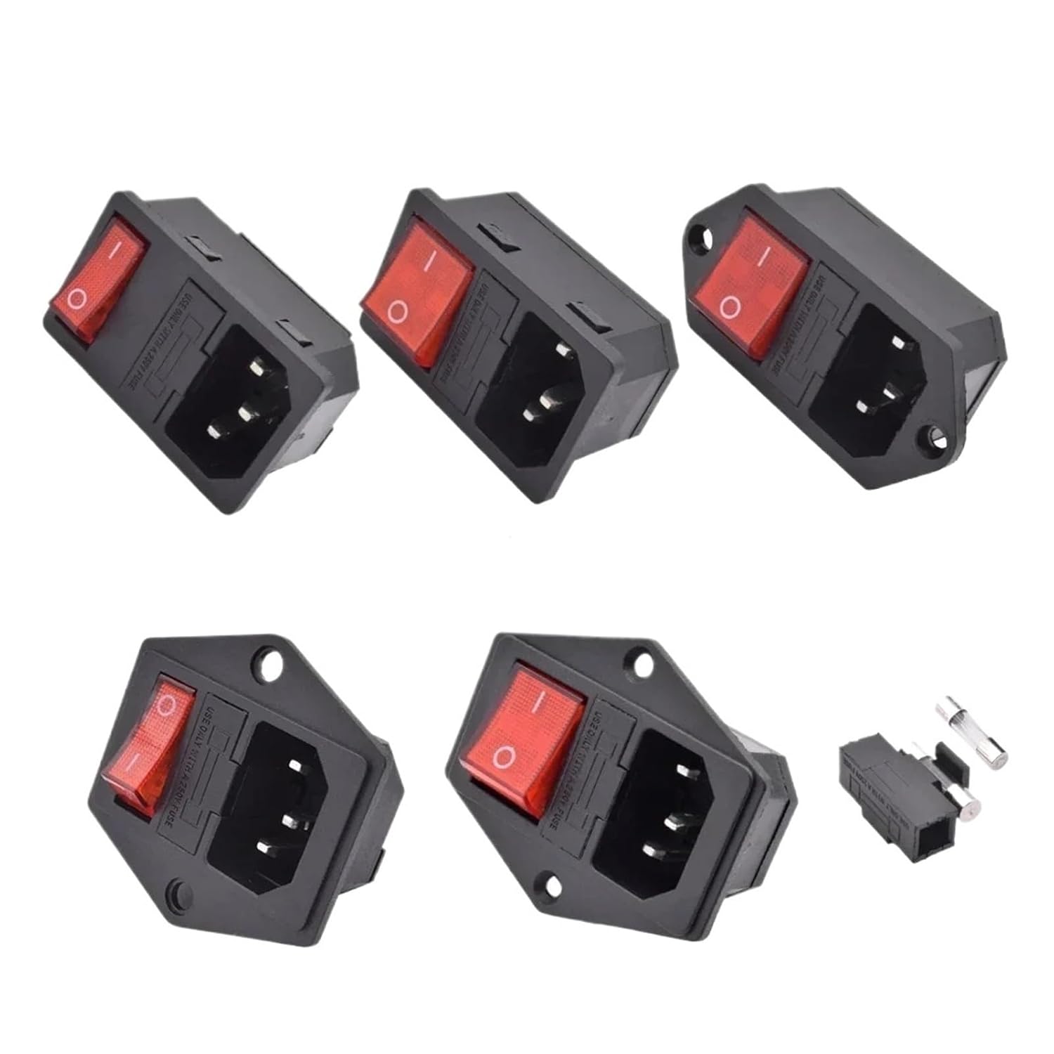 5 Sets of 3 pin AC Power Cord Connector IEC 320 C13 C14 Adapter Socket 10A Fuse Red Light Rocker Switch(2.0mm AC-01-1)