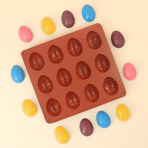 Miniatura 6 de Moldes de chocolate para huevos de Pascua, 3 piezas, moldes de silicona para dulces de Pascua, 12 diseños de moldes de huevo antiadherentes para