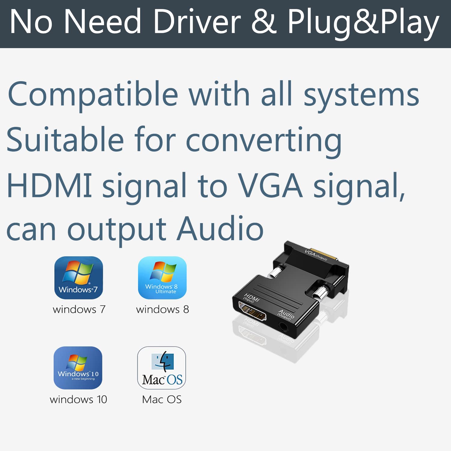 Adattatore da HDMI a VGA con Audio 3,5 mm, 1080P 60HZ Convertitore da HDMI Femmina a VGA Maschio per Interfaccia da 3,5 mm su Computer Beamer, Laptop, PC, Monitor, Proiettore e HDTV