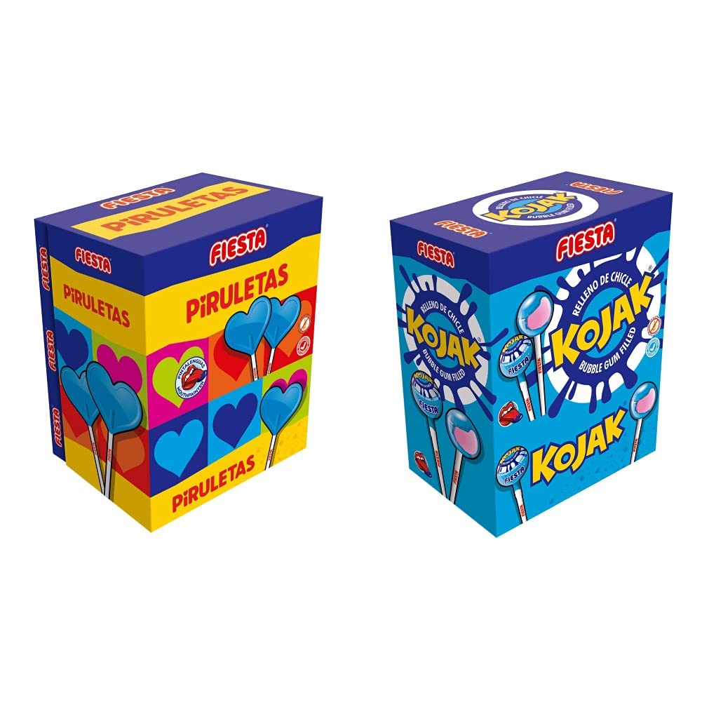 FIESTA Piruletas Pintalenguas Caramelo con Palo en Forma de Corazón Sabor Mora - Caja de 80 unidades & Kojak Pintalenguas Caramelo con Palo Sabor Mora Relleno de Chicle - Caja de 100 unidades