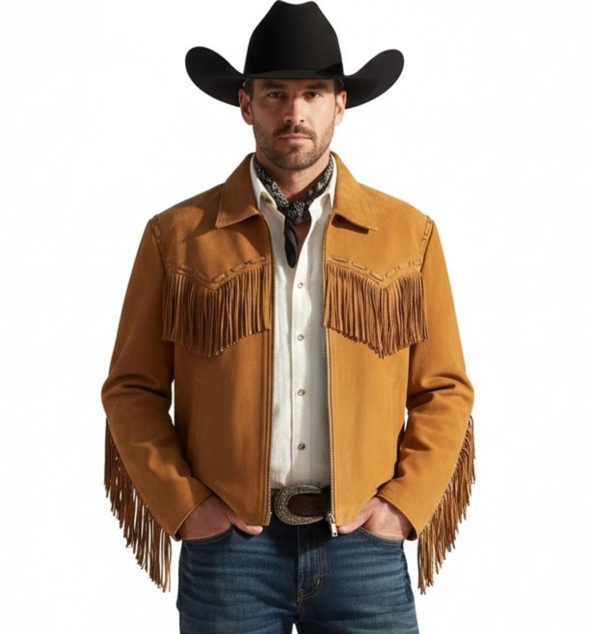 Men’s Cowboy Fringe Jacket – Brown Western Faux Suede Leather Coat with Tassels, Classic Western Style