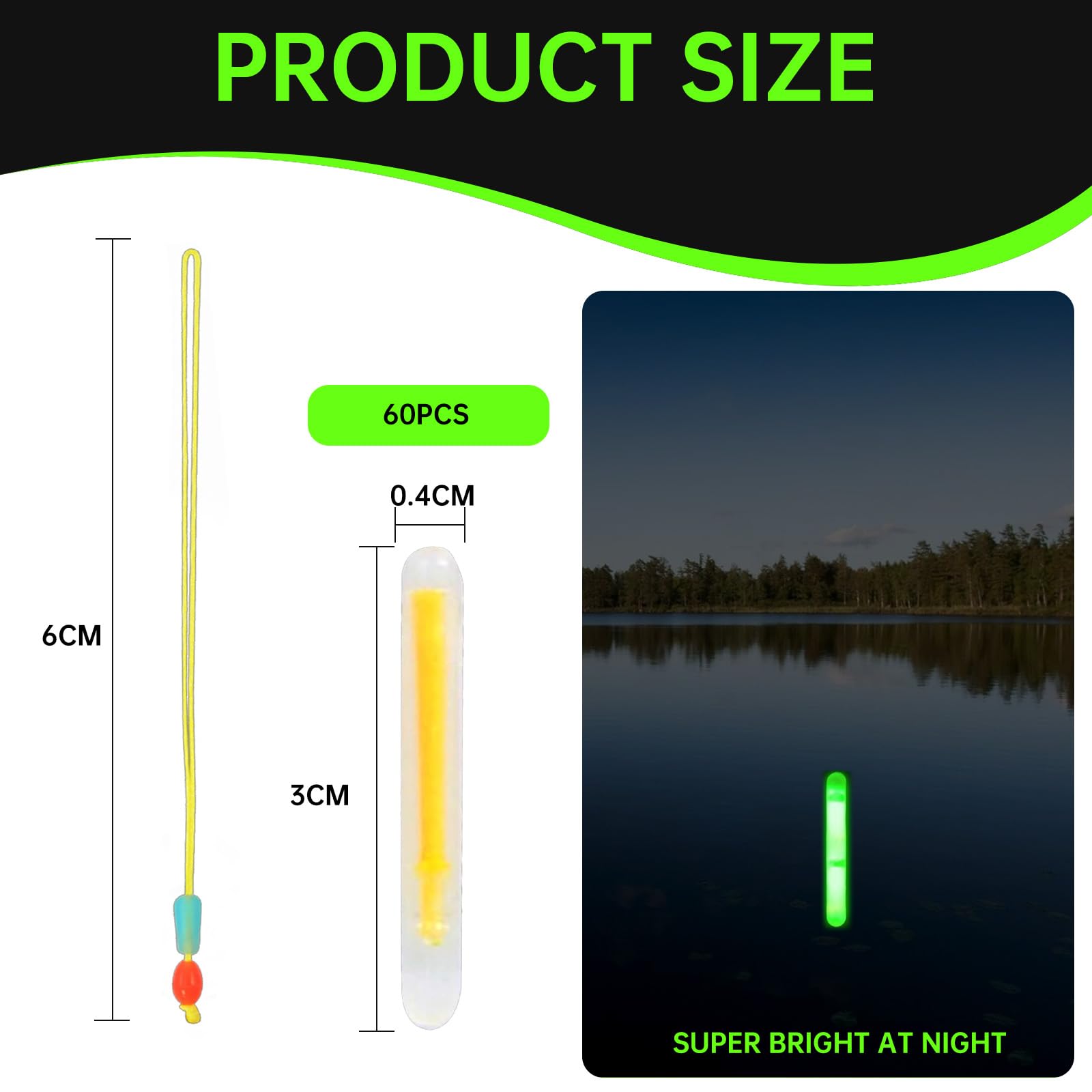 Landrain 60 sztuk świetlików wędkarskich nocnych wędkowanie, 4,5 x 37 mm świecące pręty wędkarskie