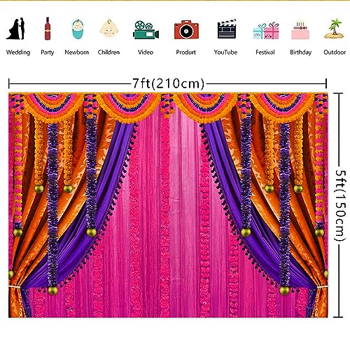 Image of Lofaris Purple India Pooja Photography Backdrop Puja Ganpati Pooja Traditional Mehndi Festival Background Decorations Wedding Party Marigold Garlands Banner Photo Props 7x5ft