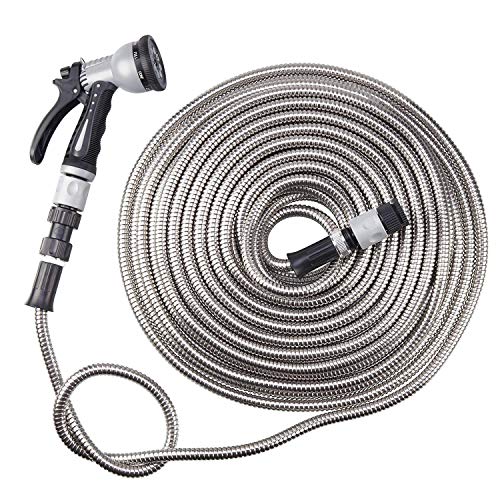 Garden Gear Easy Hose Stainless Steel Garden Water Hosepipe Rust Proof & Tangle Free with Hand Held Spray Nozzle (25ft)