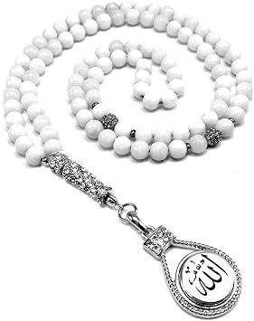 Special Prayer Beads Series -99 beads- Tesbih Tasbih Tasbeeh Misbaha Masbaha Subha Sebha Sibha White Jade Stone -8 mm 99 Beads- & Zircon Stone Design