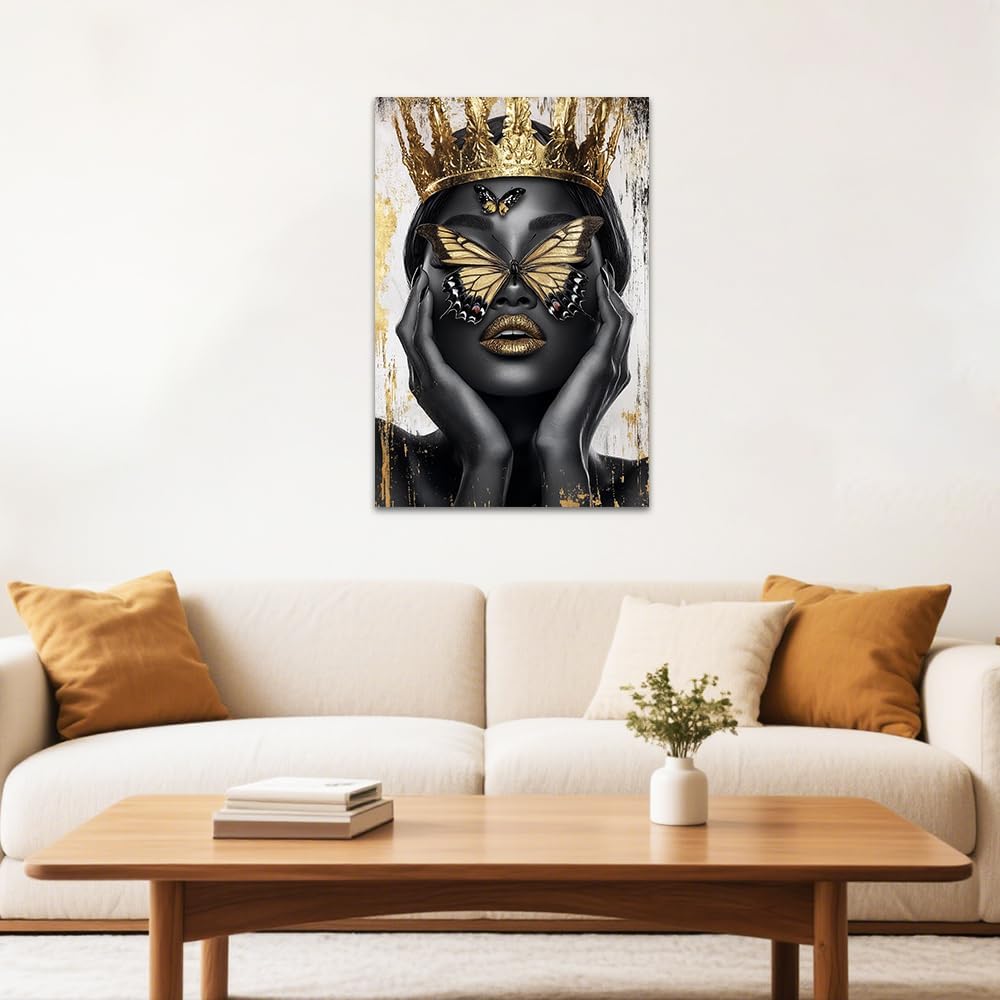 SWQYLB Black Gold African American Woman Canvas Wall Art Prints African Queen and Butterfly Picture Wall Decor Girl Women Female Room Home Decor Framed (12" x 18")