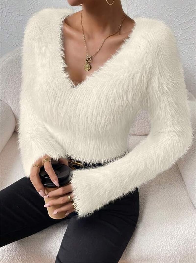 Fuzzy Sweater for Women Long Sleeve V Neck Crop Sweater Cute Plain Fitted Warm Crop Tops Knitwear Sweater Short Tops - Image 2