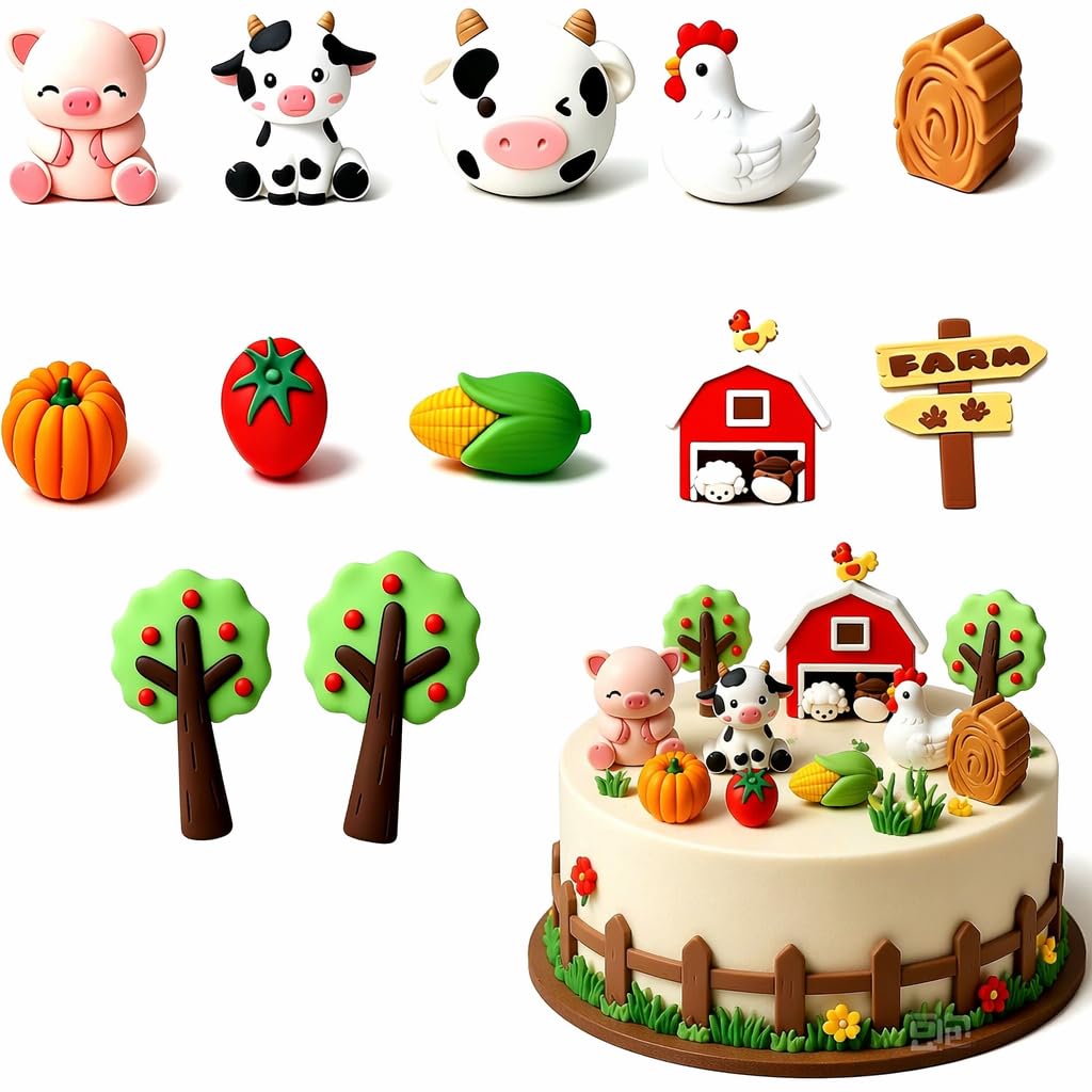 12PCS Farm Birthday Decorations Pig Cake Toppers Animal Cake Toppers Farm Cake Toppers Reusable Farm Themed Decor for Birthday Party Baby Shower Cake Dessert Table Decor