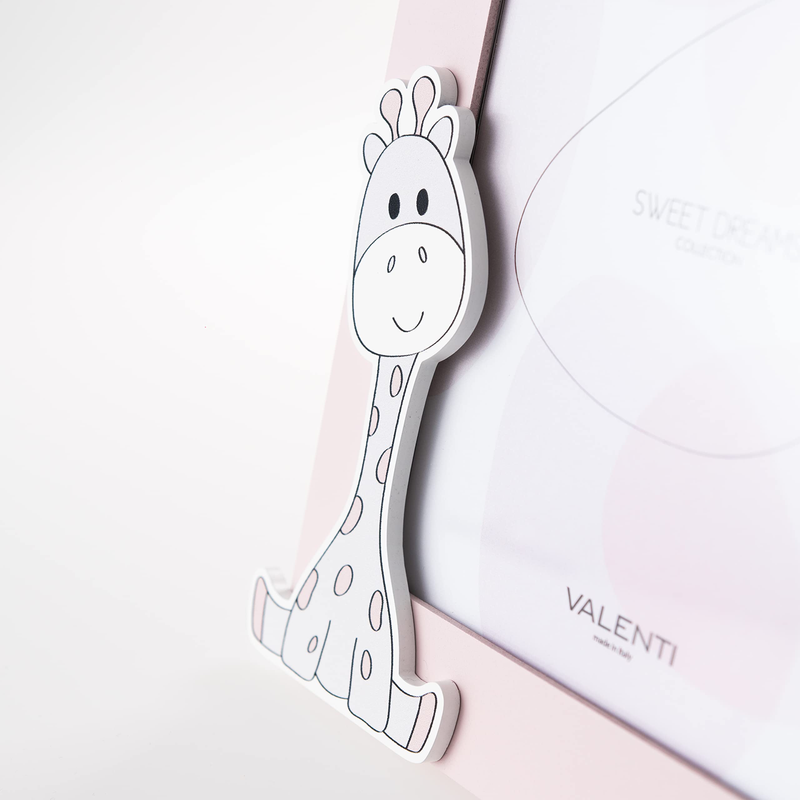 VALENTI & CO. - Cornice Porta Foto rosa in legno con animali dello zoo, da Tavolo o da appendere come decorazione in cameretta, idea regalo per Neonato e Bambino - 13x24