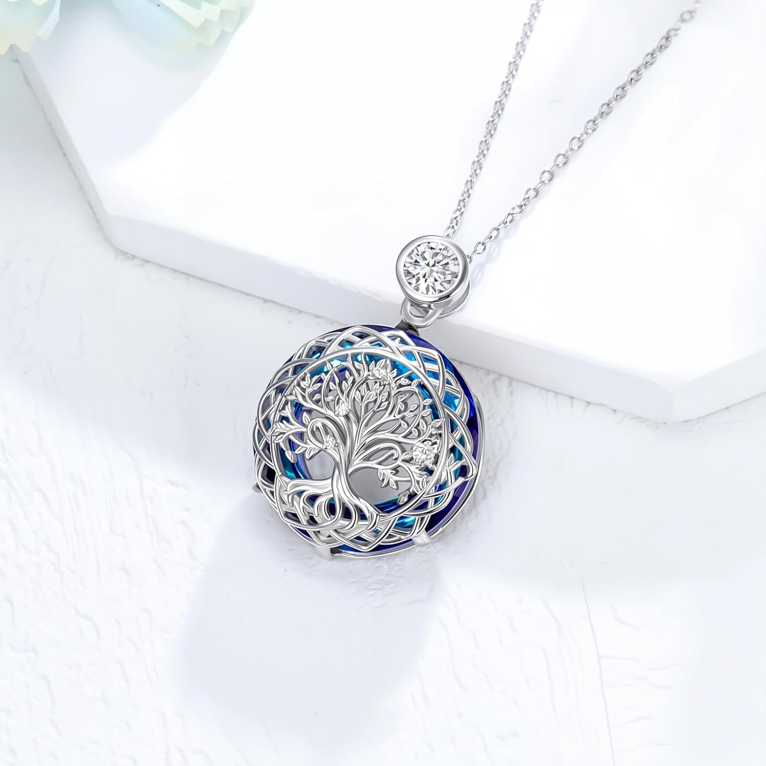 0.5 Carat Moissanite Tree of Life Necklace, 925 Sterling Silver 0.5 Carat Moissanite and Blue Crystal Tree of Life Pendant Necklaces Jewelry Gift for Women Mom