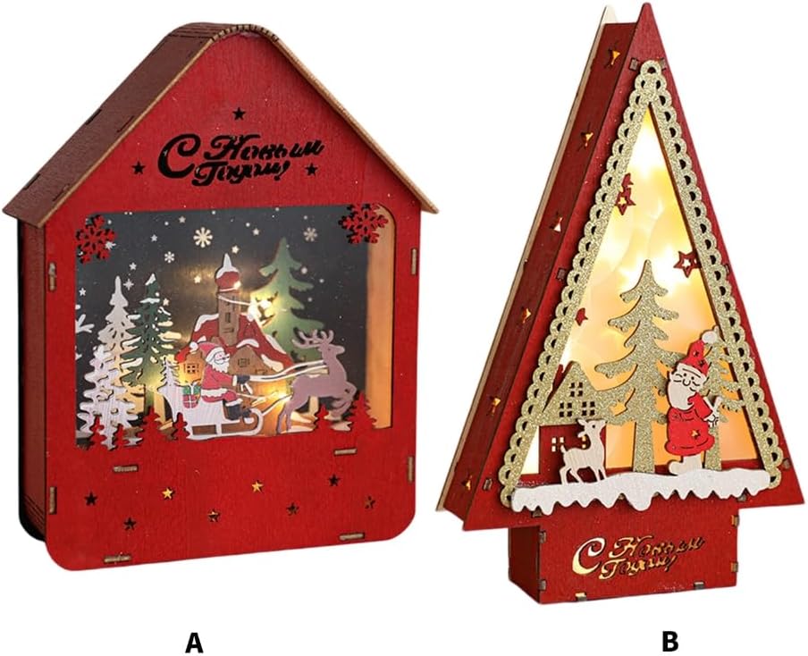Holiday Christmas Wood Miniature Village House with LED Light Cabin Ornament Decors for Desk and Book Shelf Display