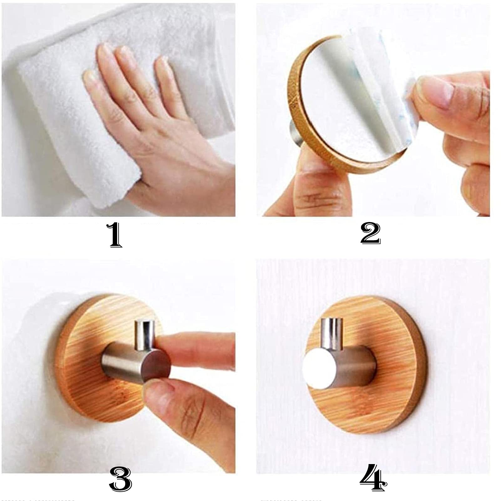 Set 6 Ganci Portasciugamani Autoadesivi In Bambù E Acciaio Inox - Per Bagno E Cucina - 2