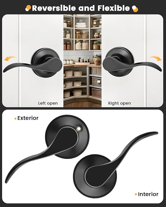 Gobrico 1 Pack Matte Black Passage Interior Door Lever Handles, Wave/Drop Style No Locking Reversible Door Knobs for Hallway Closet