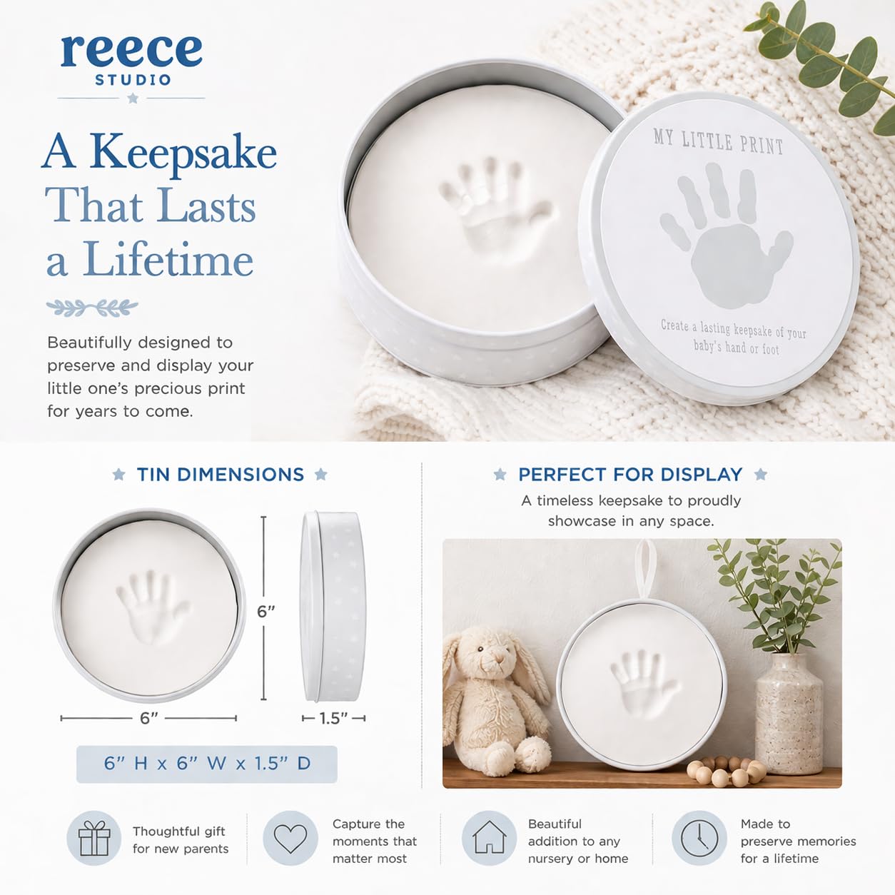 Reece Studio Baby's Print Clay Tin Kit, Newborn Handprint Or Footprint Makers, Baby Keepsake Box, Girl or Boy Gender Neutral Impression Keepsake