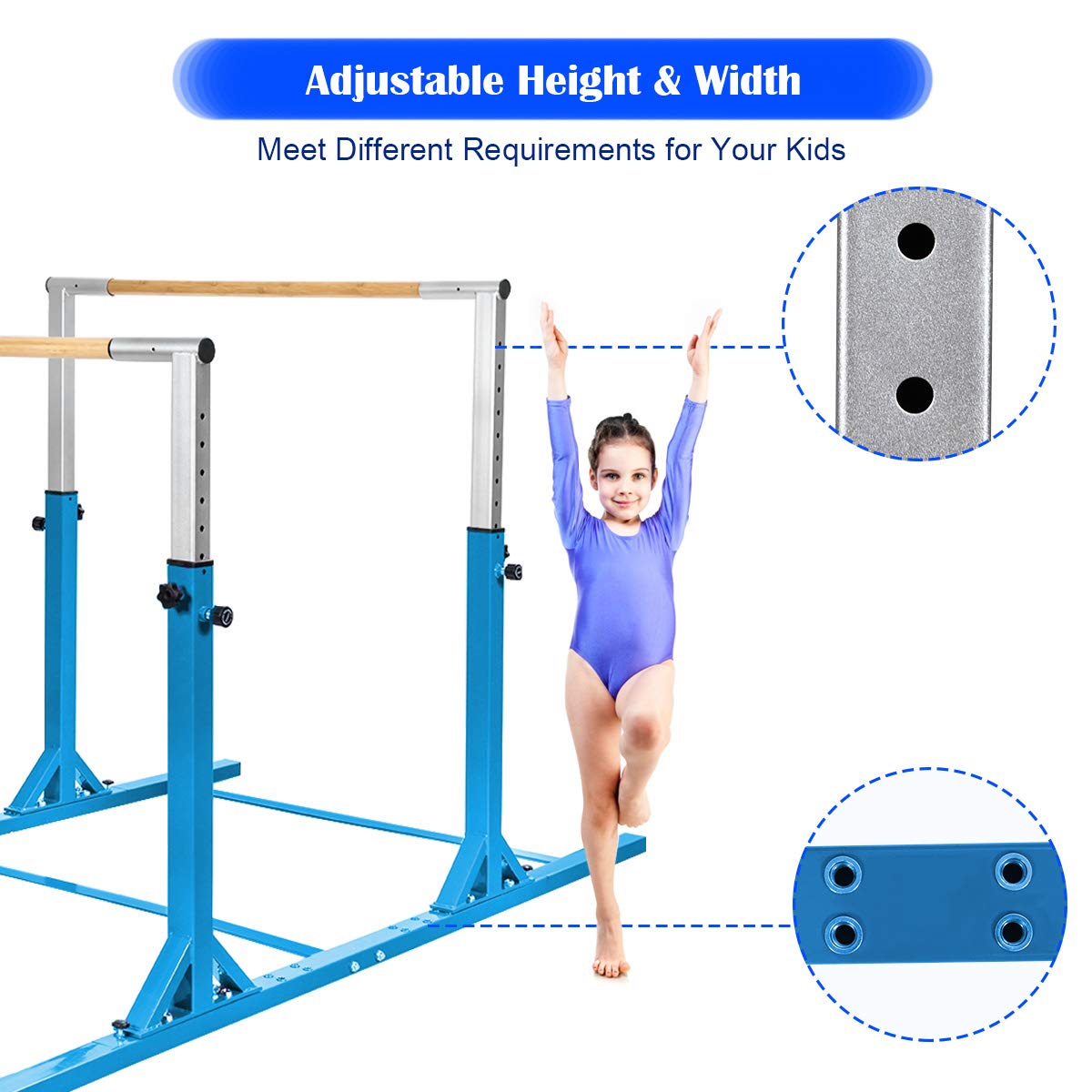 GOPLUS Barra de Gimnasia Artística para Niños, Paralelas Gimnasia Artística con Altura Ajustable de 96 cm a 140 cm en 11 Niveles, 6+ Años, Capacidad hasta 120 KG