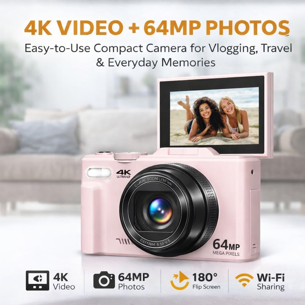 4K Digital Camera 64MP, Compact Vlogging Camera with 180° Flip Screen, WiFi, 16X Zoom, 64GB Card, Pink