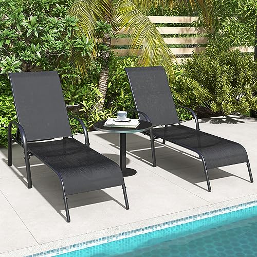 Image of Giantex 2 Pack Patio Lounge Chair, Outdoor Chaise Lounge with 5 Adjustable Backrest, Sturdy Steel Frame, Sunbathing Recliner, Beach Chair, Tanning Chair for Outside, Yard, Balcony, Pool Chairs, Black