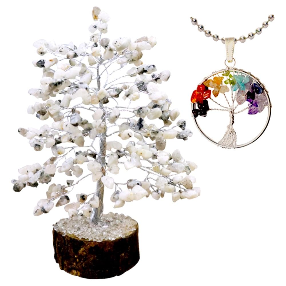 KULIA® Reiki Healing Tree Of Life Crystal Moon Stones Feng Shui Decorative Money Tree Hand Carved Artificial Bonsai Tree Crystal Ornament Home Office Décor Gemstone Tree Spiritual Item