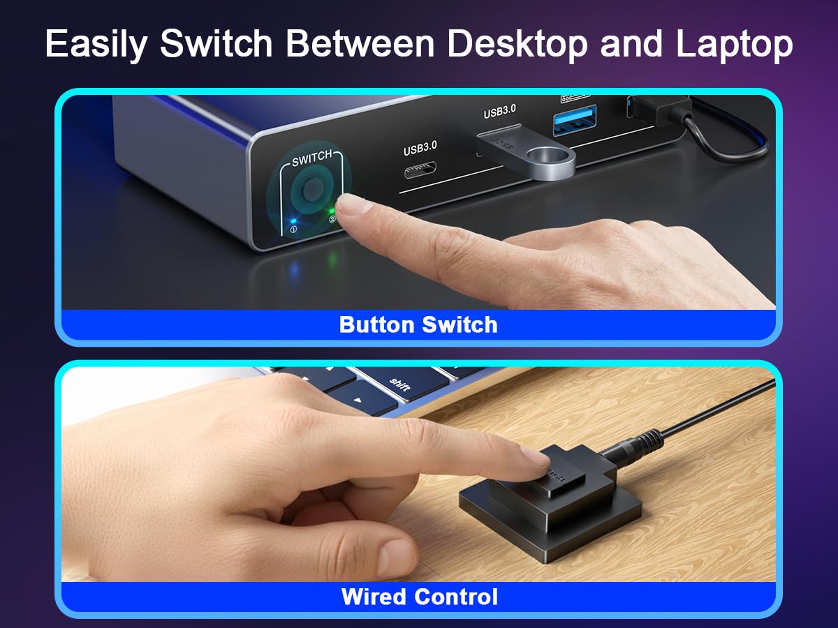 USB C KVM Switch, Dual Monitor KVM Switch for 1 Desktop & 1 Laptop, 4K@60Hz HDMI & DP Display, 4 USB 3.0 Ports, PD Charging, Wired Remote Control, USB Cables Included