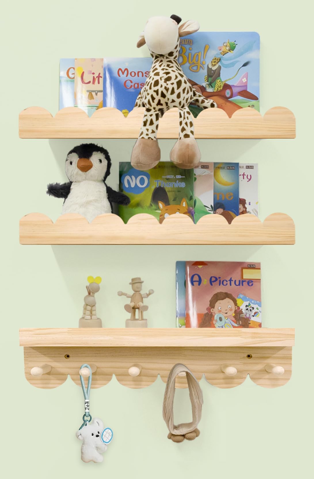 Nursery Shelves for Wall with Hooks-Scalloped Wall Book Shelves for Bedroom Kids Set of 3, Nursery Furniture Must Have, 16 Inch, Natural