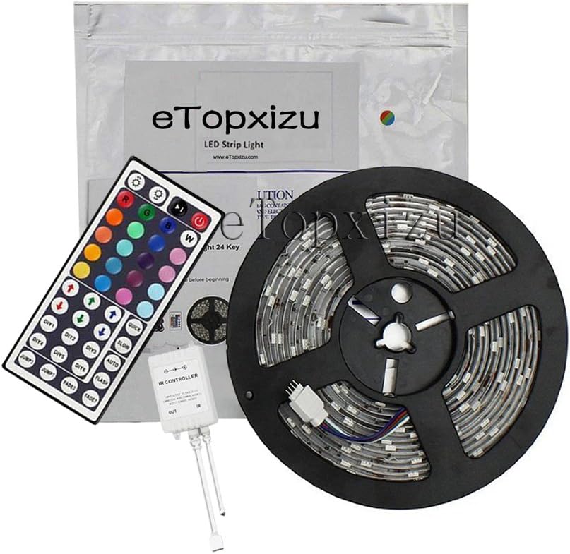 eTopxizu 16.4ft 5M SMD 5050 Waterproof 300LEDs RGB Flexible LED Strip Light Lamp Kit + 44Key IR Remote Controller