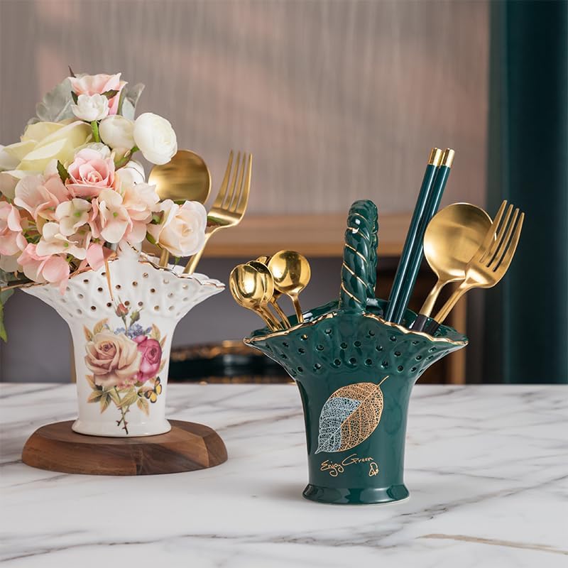 台所用品キャディ クリエイティブフラワーバスケット型 銀器ホルダー、くり抜いたセラミック食器キャディ、装飾キッチンカトラリー収納バス